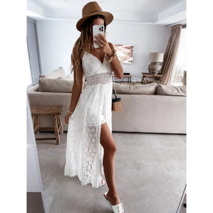 Lace V-Neck Hollow Out Bohemian Midi Dress