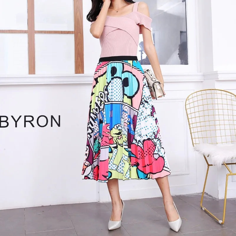 Women's Cartoon Print Pleated A-Line Skirt