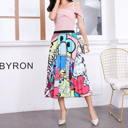 Women's Cartoon Print Pleated A-Line Skirt