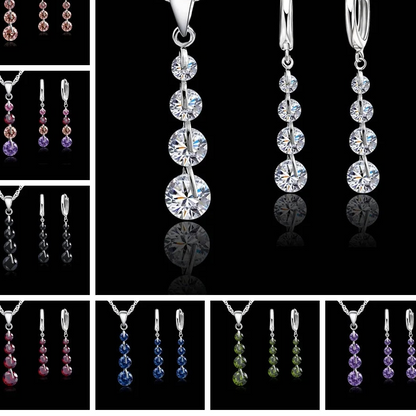 round CZ Crystal Necklace & Hoop Earrings Set in 925 Sterling Silver