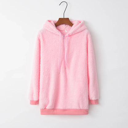 Plush Hooded Loose Sweatshirt Jacket for Women