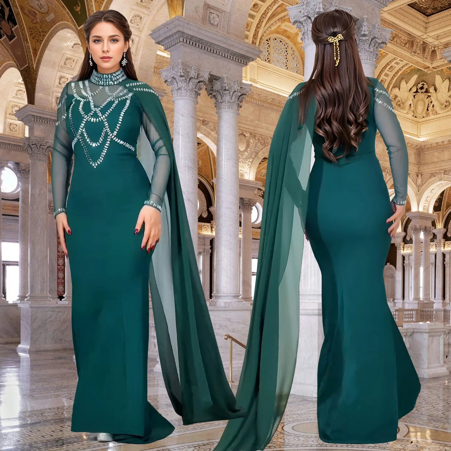 Elegant Rhinestone Mermaid Shawl Dress