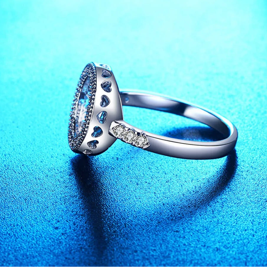  Hollow Round 925 Silver Rhinestone Ring for Women