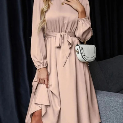 Lantern Sleeve Keyhole Back Lace-Up Dress