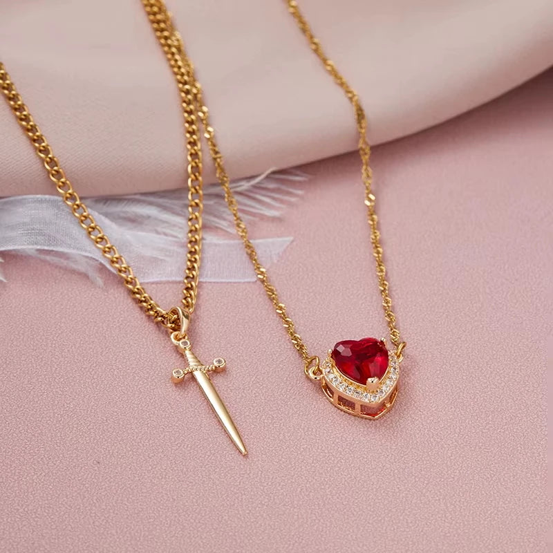 Heart & Sword Crystal Necklace Set – Stainless Steel Jewelry Gift Box