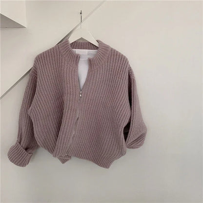 Solid Color Knitted Zip Up Cardigan for Women