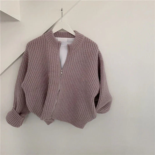Solid Color Knitted Zip Up Cardigan for Women