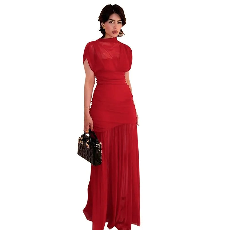 DJ Red Pleated A-Line Maxi Evening Dress