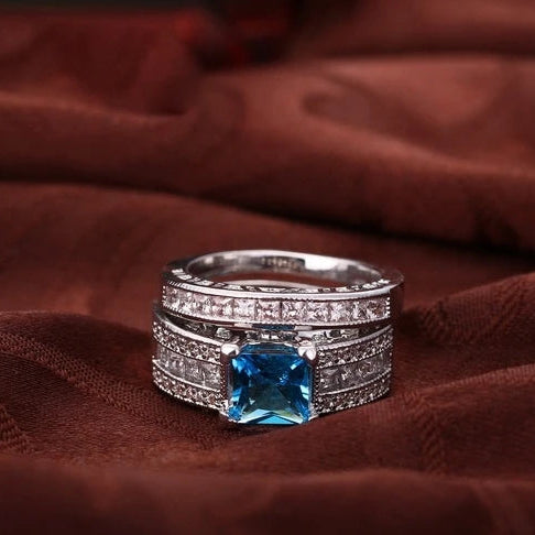 Elegant Blue CZ Crystal 925 Sterling Silver Ring Set for Women