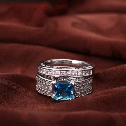 Elegant Blue CZ Crystal 925 Sterling Silver Ring Set for Women