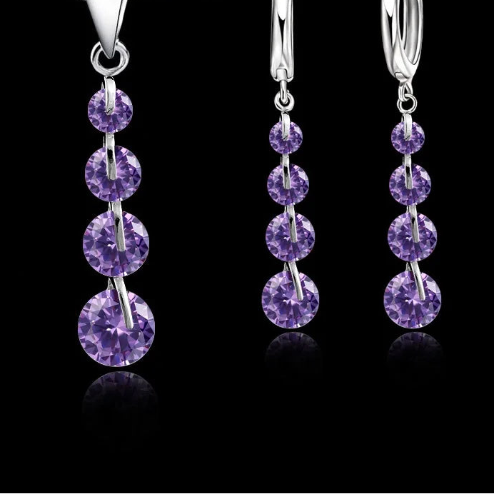 round CZ Crystal Necklace & Hoop Earrings Set in 925 Sterling Silver