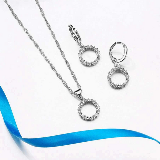 Elegant Beaded CZ Necklace & Hoop Earrings Bridal Set in 925 Sterling Silver