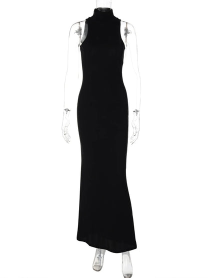 CLO034DJ
Woman Clothes Sleeveless Solid Black Long Maxi Dress High Street 2025 Office Lady Half High Collar Bodycon Party Club Dresses - Klixstore