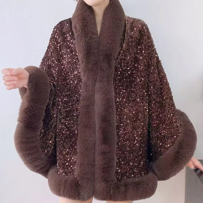 Women's Short Winter Jacket with Fur Collar and Sequin Shawl 2025