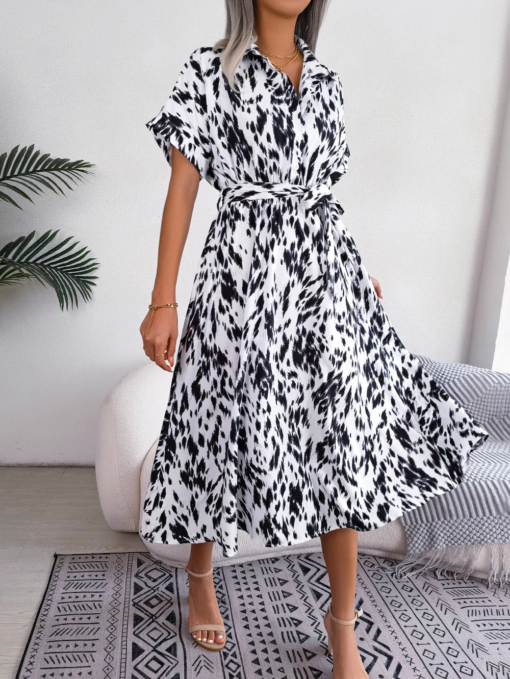 Leopard Print Batwing Shirt Dress | Button Slim Waist Mid-Calf | Summer