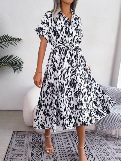 Leopard Print Batwing Shirt Dress | Button Slim Waist Mid-Calf | Summer