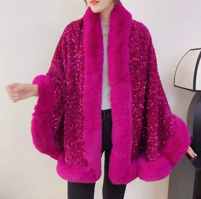 Women's Short Winter Jacket with Fur Collar and Sequin Shawl 2025