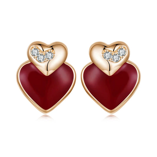 JEW020ER        925 Sterling Silver Angela Red Double Heart Stud Earrings Bowknot Cross Earrings for Women - Klixstore