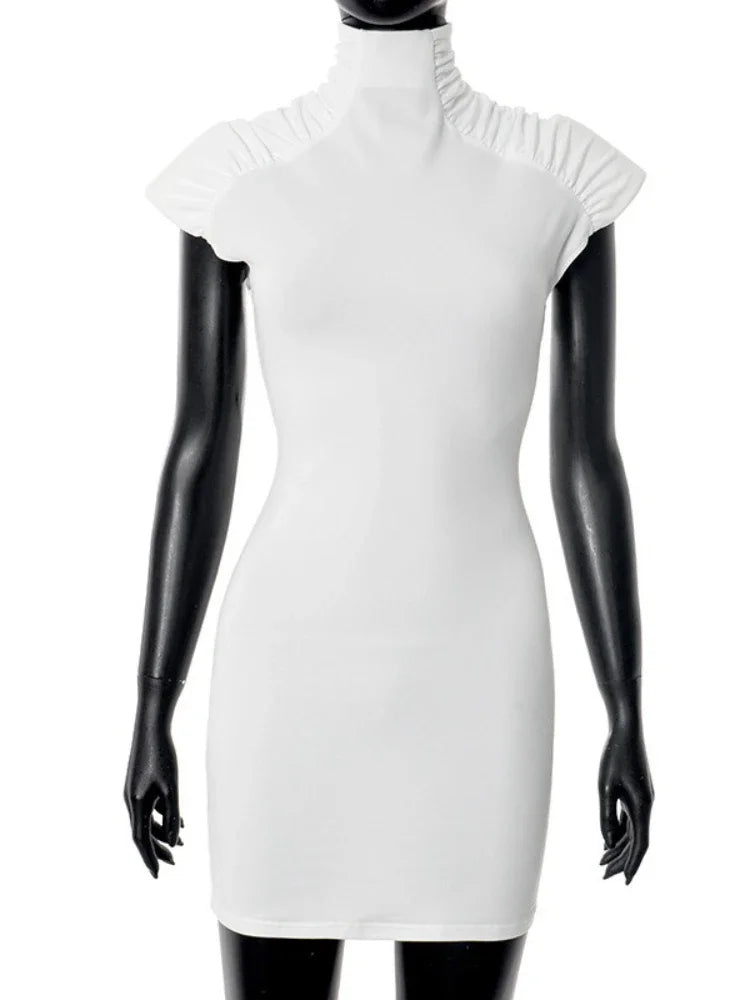 CLO044DJ
 Woman Clothes Sleeveless Solid White Party Club Dress  Elegant Ladies Shoulder Pads Ruched Slim - Klixstore