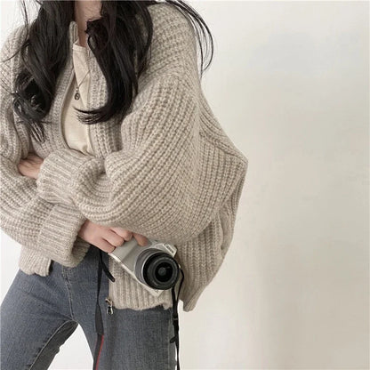 Solid Color Knitted Zip Up Cardigan for Women