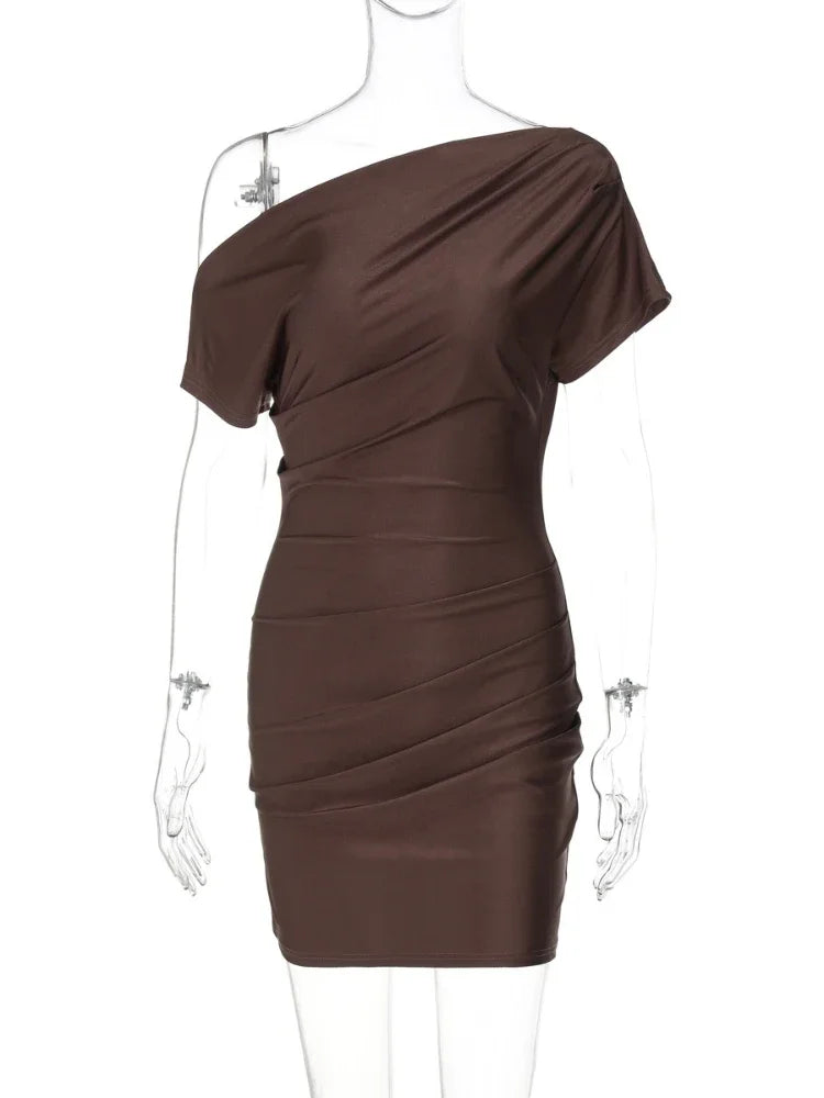 CLO048DJ
Woman Clothing  Diagonal Collar Irregular Short Dress Summer One Shoulder Ruched Solid Party Night - Klixstore