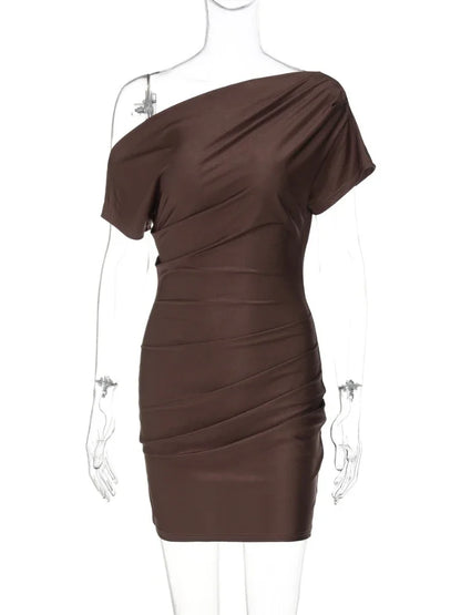 CLO048DJ
Woman Clothing  Diagonal Collar Irregular Short Dress Summer One Shoulder Ruched Solid Party Night - Klixstore