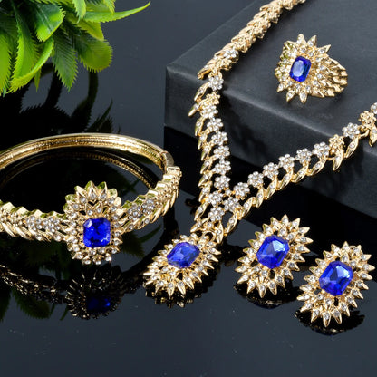 Luxury Blue Zircon Jewelry Set | 18K Gold Plated Necklace, Bracelet, Earrings & Ring