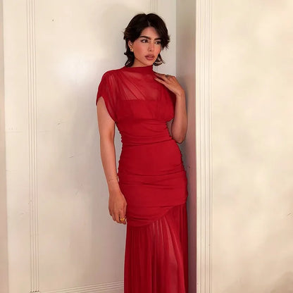 DJ Red Pleated A-Line Maxi Evening Dress