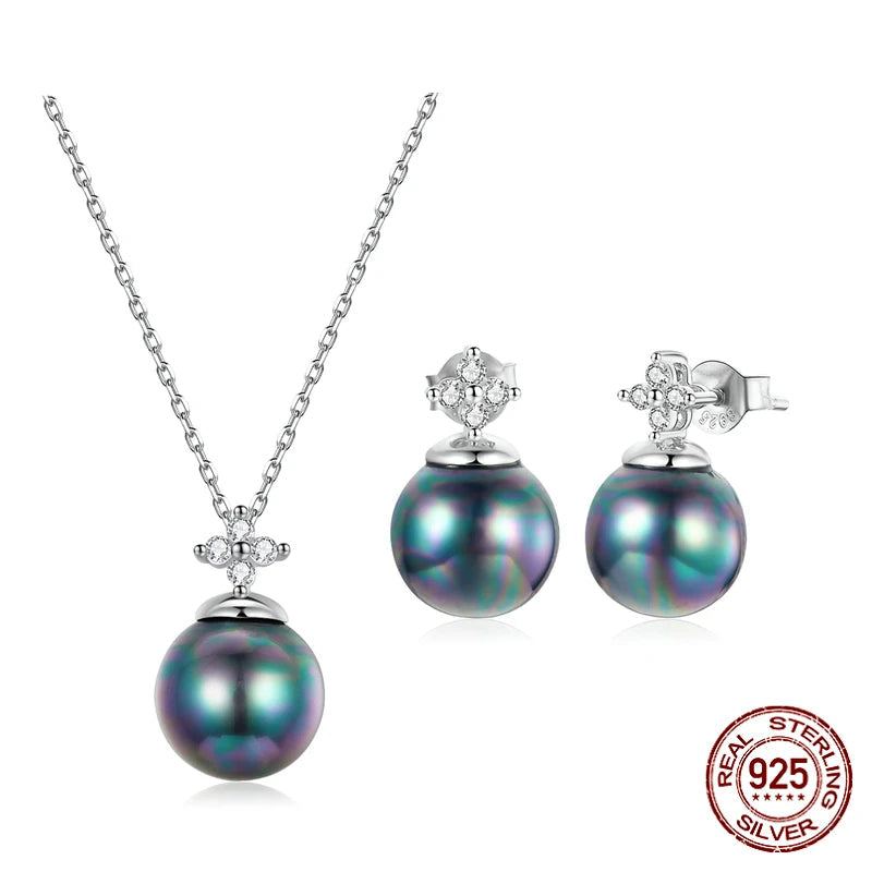 JEW007AX    925 Sterling Silver Elegant Black Pearl Earrings Necklace Shell Pearl Necklace Chain for Women Fine Jewelry Set - Klixstore