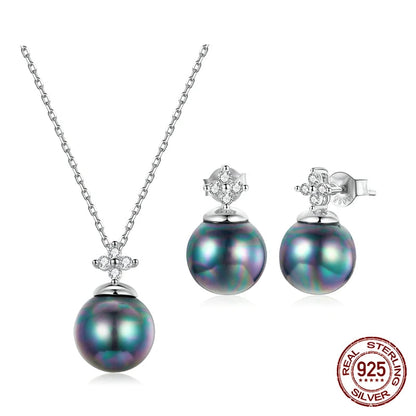 JEW007AX    925 Sterling Silver Elegant Black Pearl Earrings Necklace Shell Pearl Necklace Chain for Women Fine Jewelry Set - Klixstore