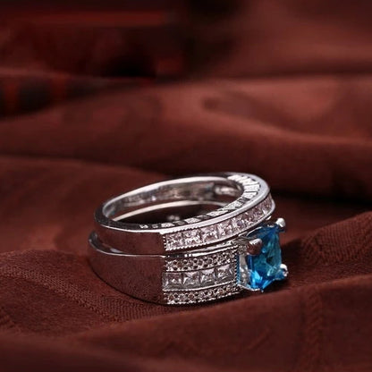 Elegant Blue CZ Crystal 925 Sterling Silver Ring Set for Women
