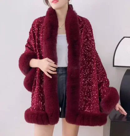 Women's Short Winter Jacket with Fur Collar and Sequin Shawl 2025