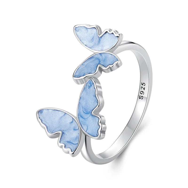 JEW011R    925 Sterling Silver Blue Butterfly Adjustable Ring, White Gold Plated - Klixstore
