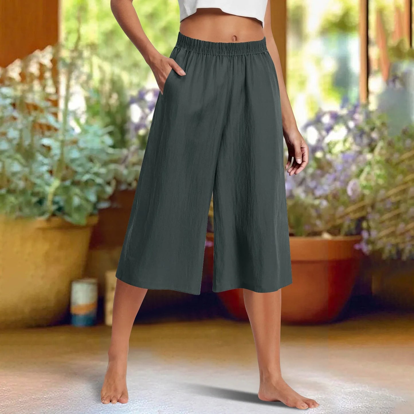 Cotton-linen Loose Solid Color Wide-leg Pants