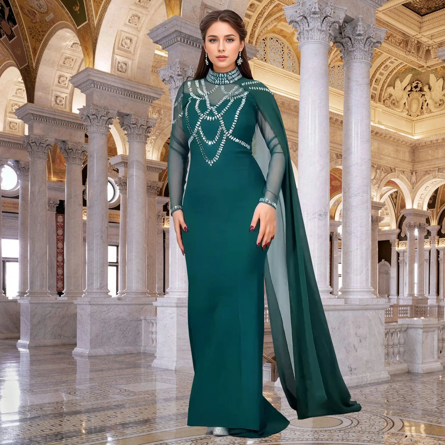 Elegant Rhinestone Mermaid Shawl Dress