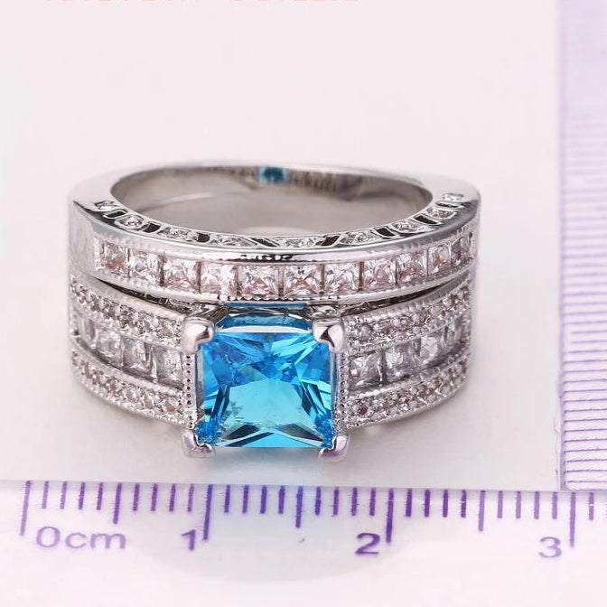 Elegant Blue CZ Crystal 925 Sterling Silver Ring Set for Women