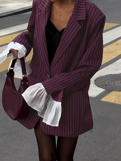 CLO003TP 
Elegant Patchwork Wine Red Striped Suits for Women  Autumn Fashion Loose Single Breasted Outerwears Lady Streetwear Blazers - Klixstore