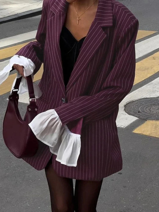 CLO003TP 
Elegant Patchwork Wine Red Striped Suits for Women  Autumn Fashion Loose Single Breasted Outerwears Lady Streetwear Blazers - Klixstore