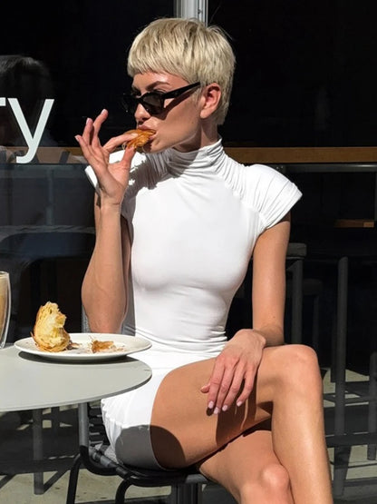 CLO044DJ
 Woman Clothes Sleeveless Solid White Party Club Dress  Elegant Ladies Shoulder Pads Ruched Slim - Klixstore