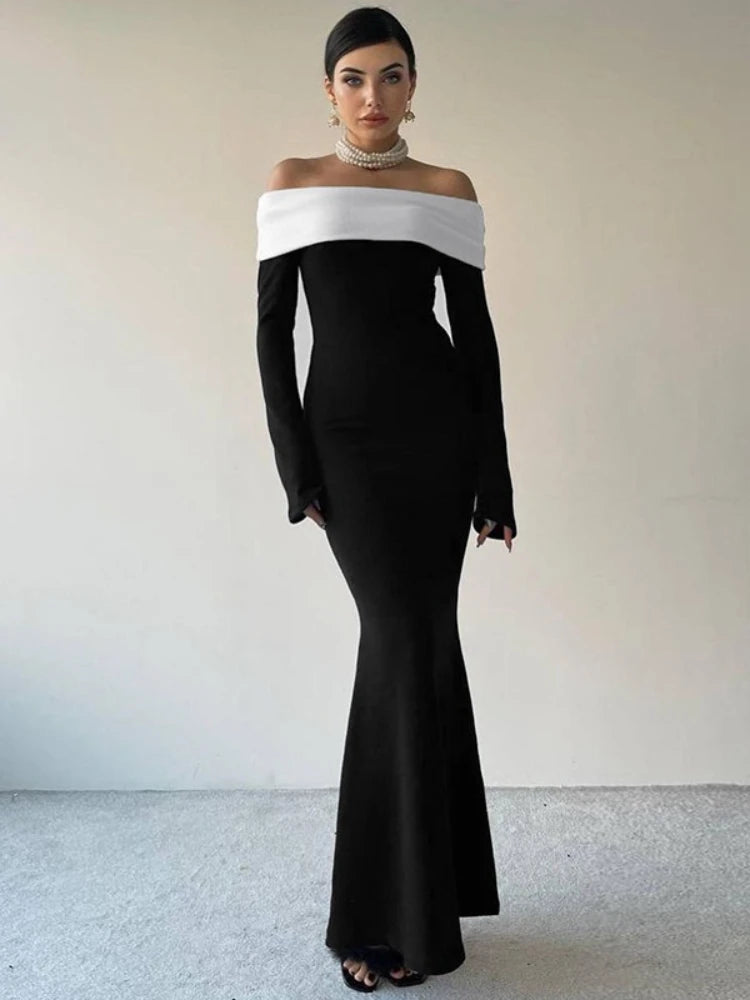 CLO029DJ
Fashion Black White Patchwork Long Dress for Women Off Shoulder Slash Neck Full Sleeve Bodycon Evening Party Dresses High Street - Klixstore