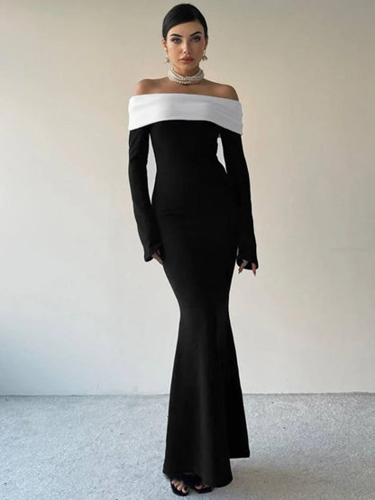 CLO029DJ
Fashion Black White Patchwork Long Dress for Women Off Shoulder Slash Neck Full Sleeve Bodycon Evening Party Dresses High Street - Klixstore
