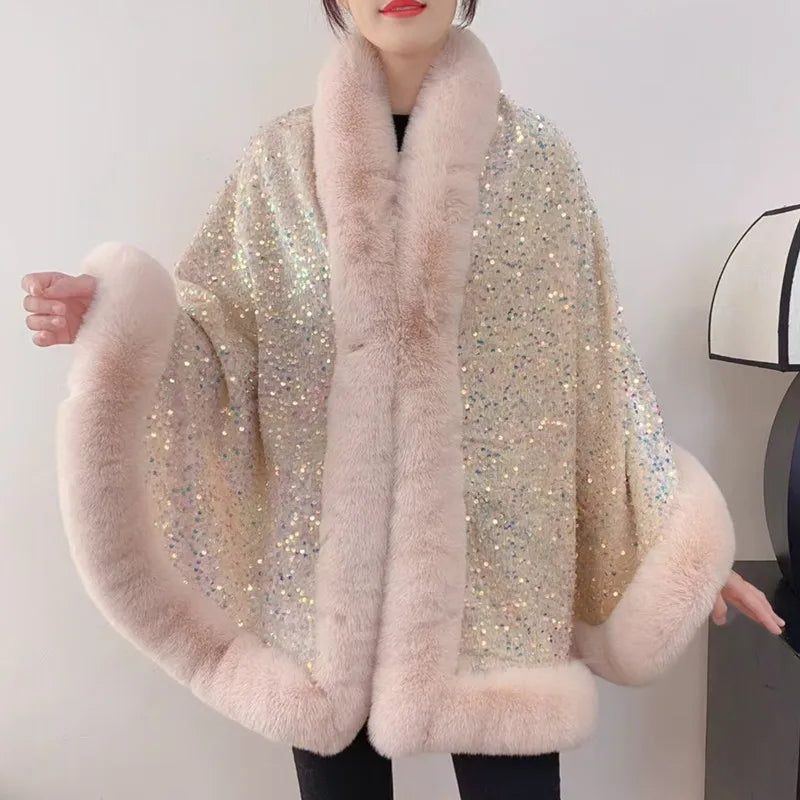 Women's Short Winter Jacket with Fur Collar and Sequin Shawl 2025