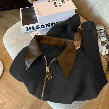 Polo Collar PU Spliced Knit Cardigan for Women