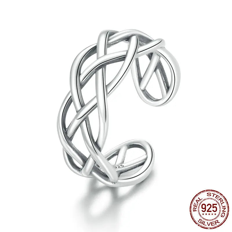 JEW020R  Genuine 925 Sterling Silver Woven Texture Ring Open Adjustable Finger Rings - Klixstore