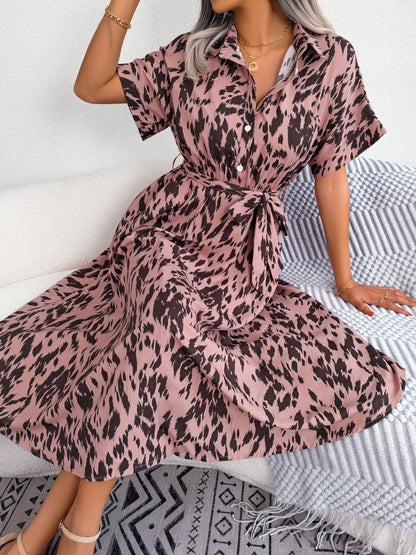 Leopard Print Batwing Shirt Dress | Button Slim Waist Mid-Calf | Summer