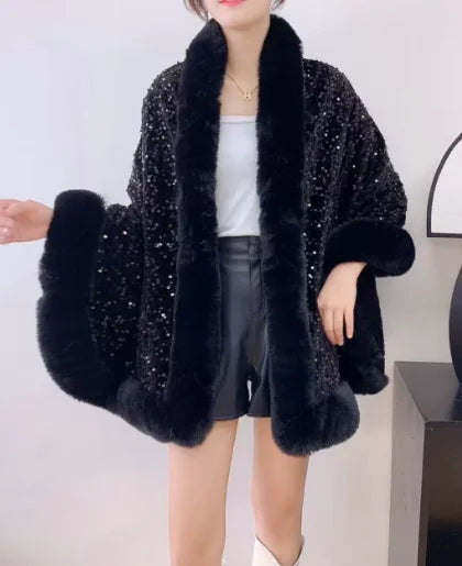 Women's Short Winter Jacket with Fur Collar and Sequin Shawl 2025