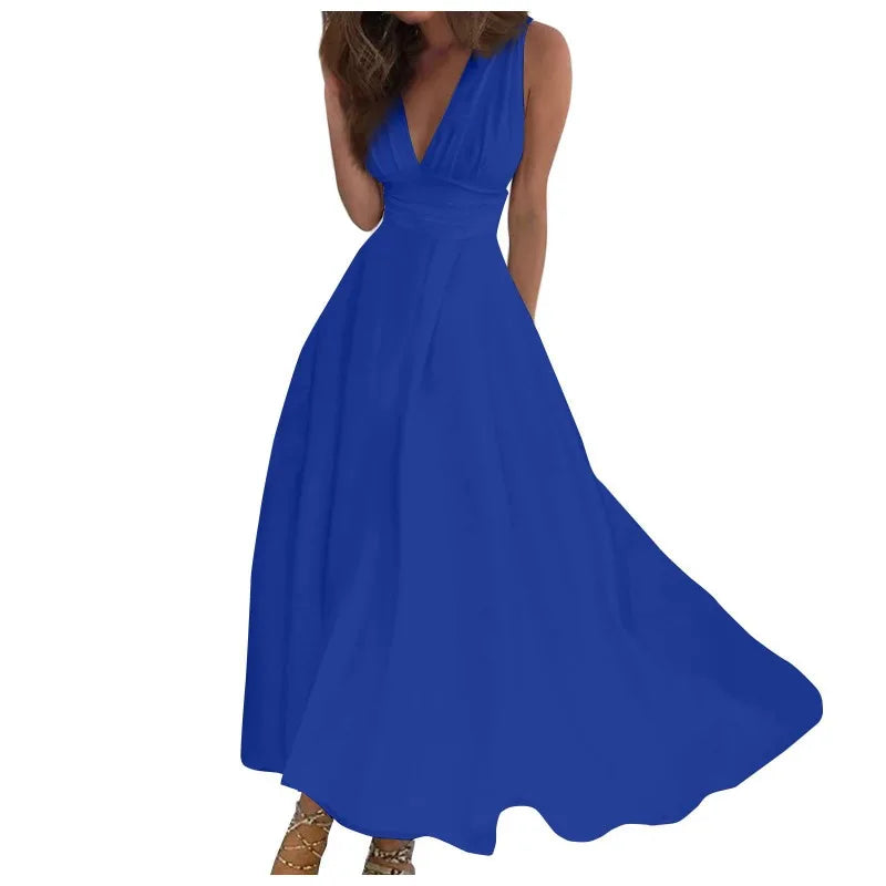Solid Color V-Neck Sleeveless Long Sundress