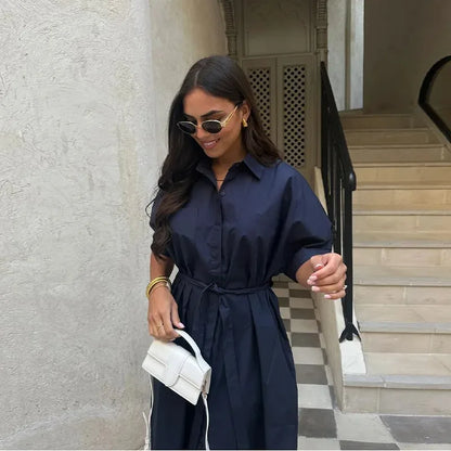 Lace Up Short Sleeve Shirt Dress