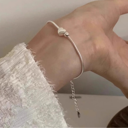 Heart Charm Snake Chain 925 Sterling Silver Bracelet