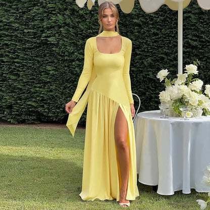 CLO035DJ
Woman Clothing Long Sleeve Bandage High Slit Party Dress Autumn Lady Elegant High Waist Pleated Long Maxi Evening Dresses - Klixstore